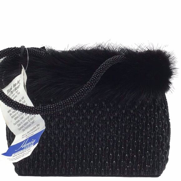 Mitchie’s Black Beaded Evening Bag Faux Fur Trim Top Handle Purse NWT Vintage - Picture 1 of 16